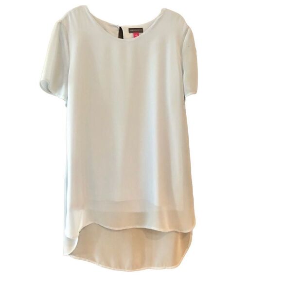 Vince Camuto Tops - Vince Camuto Sz S Light Blue Sheer Overlay Relaxed Flowy Short Sleeve Tank Top